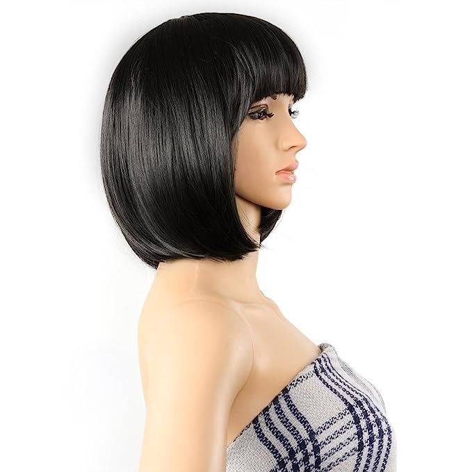 AGPTEK 13 Inches Straight Heat Resistant Short Bob Hair Wigs with Flat Bangs for Women Cosplay Da... | Amazon (US)