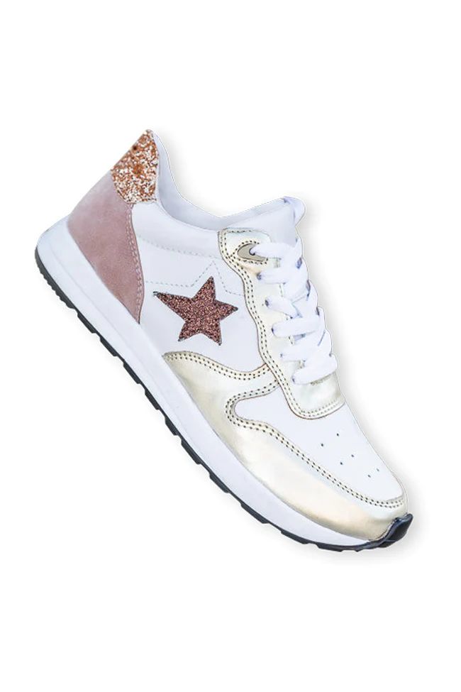 Jennifer Rose Gold and White Sparkle Star Sneakers | Pink Lily