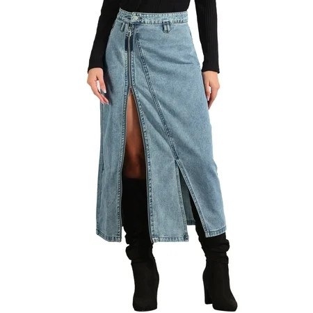 INSPIRE CHIC Women s Skirt Jean Zipper Front Split Maxi Length Denim Skirts with Pockets XS Blue | Walmart (US)