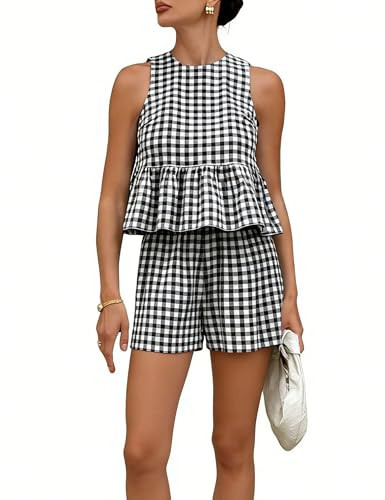 QIBABU Womens 2 Piece Outfits Summer Gingham Plaid Peplum Tank Tops High Waist Shorts Casual Cotton Lounge Sets(2266-Black-M-QB) | Amazon (US)