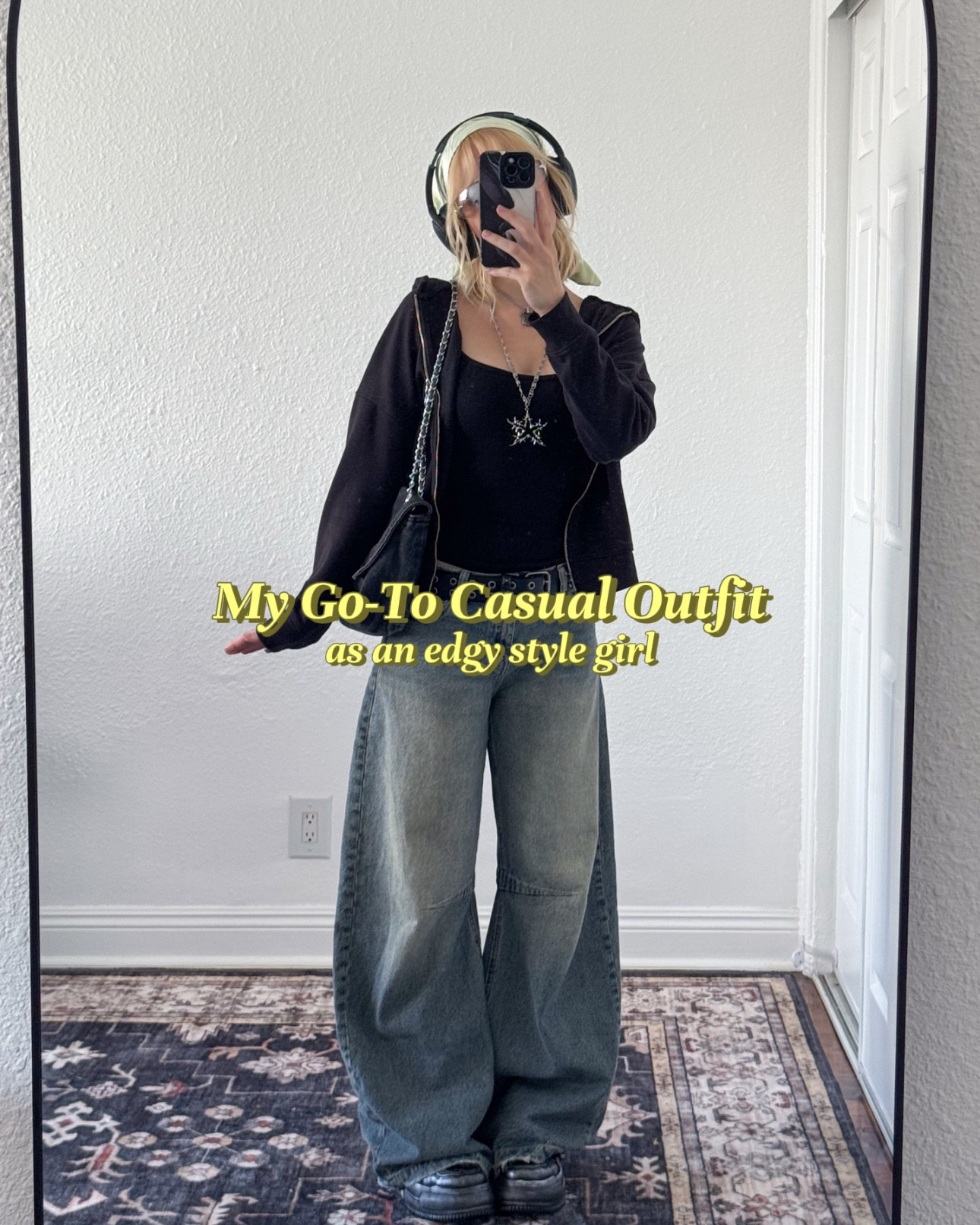 hiii! here is one of my casual everyday outfits i like wearing as an edgy style girl. this outfit is perfect for me because it’s comfortable & practical, but still allows me to express my edgy style :) for the outfit base, i just wear my favorite baggy jeans, a basic cami, a basic zip up hoodie, & some platform shoes.  for the accessories i like to use eyeglasses, hair scarves, headphones, chain necklaces, belts, & statement bags :) #casualstyle #styleinspo #edgystyle #zerogatekeeping 

#LTKootd