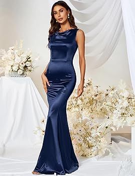 MUXXN Women's Sleeveless Crew Neck Floor Length Maxi Wedding Guest Cocktail Mermaid Long Dress Blue S | Amazon (US)