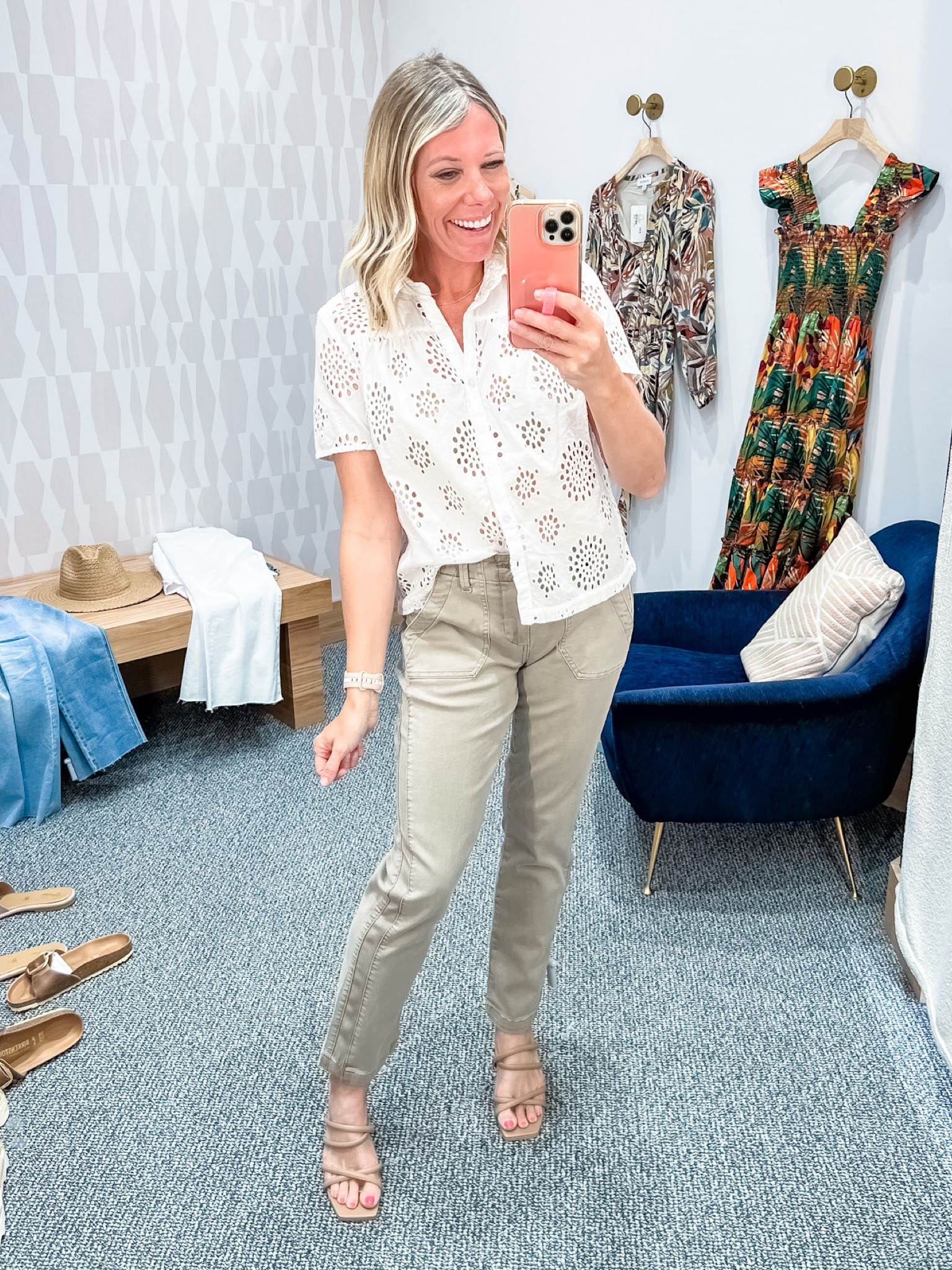 Love these tope pants with this white eyelet top and heels. Size 26 pants which run really big and extra small top. Sandals run true to size. Evereve spring outfit ideas spring shirts tops pants.

#LTKSeasonal #LTKstyletip #LTKshoecrush