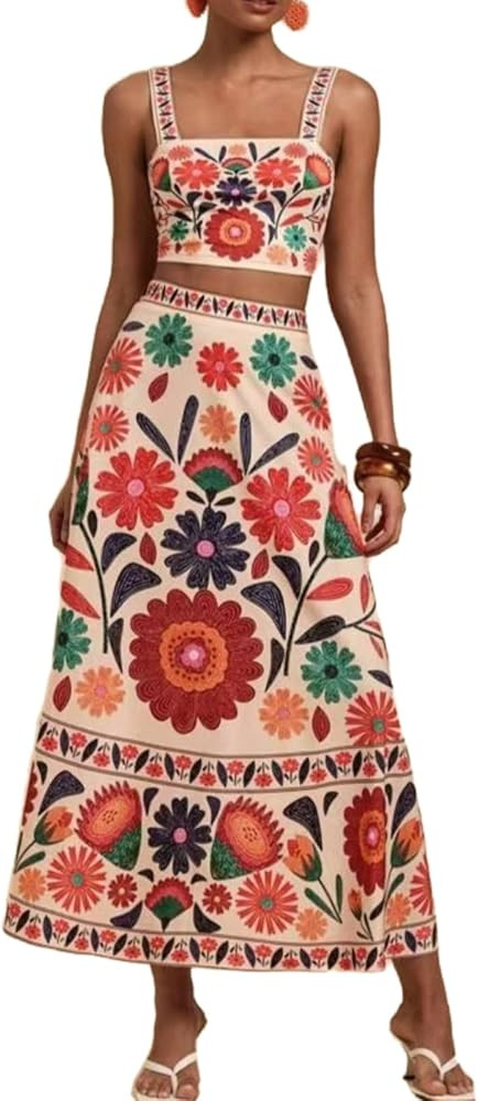 Womens Printed Skirt Outfits Floral Halter Crop Top A Line Maxi Skirt Casual Going Out Sets | Amazon (US)