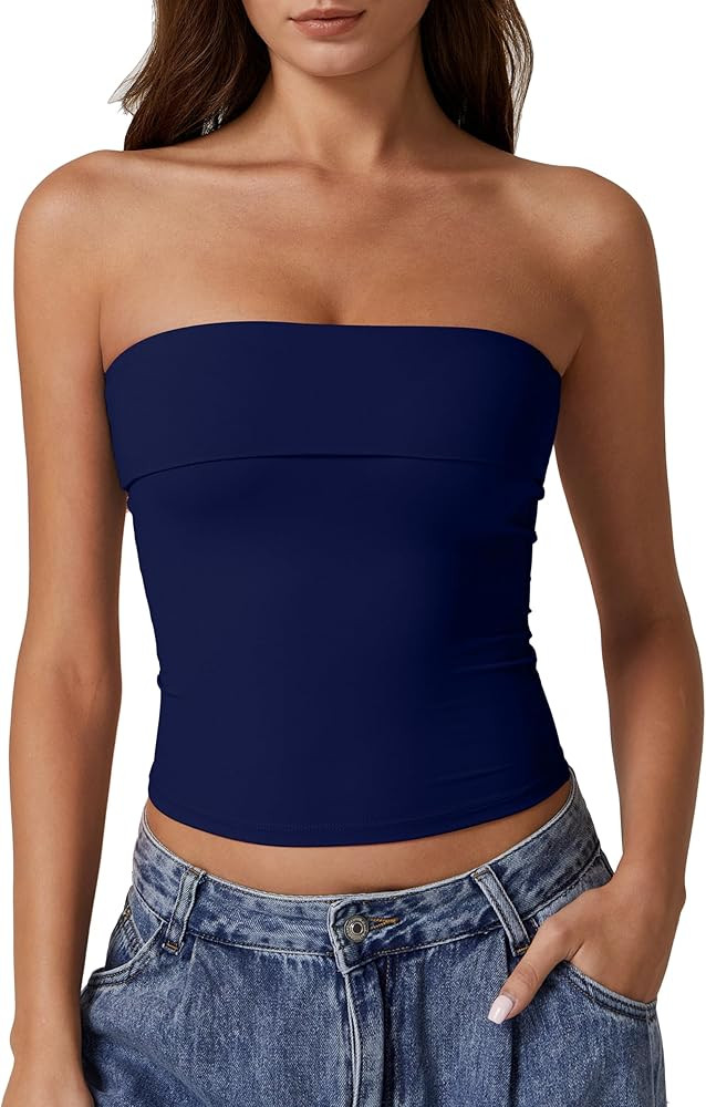 QINSEN Women's Tube Tops Strapless Bandeau Tops Double Lined Slim Fit Summer Going Out Tank Tops | Amazon (US)