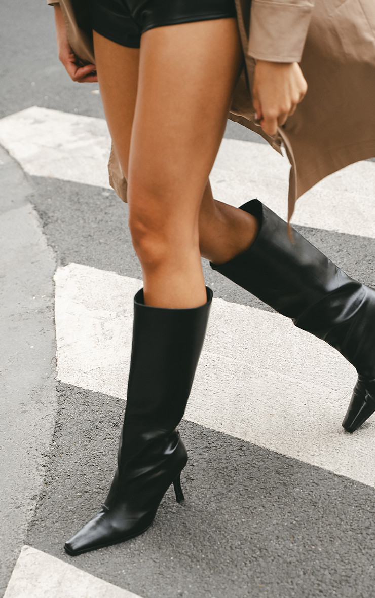 Cecil Square Toe Stiletto Heel Knee High Long Boot In Black Faux Leather | EGO Shoes (US & Canada)