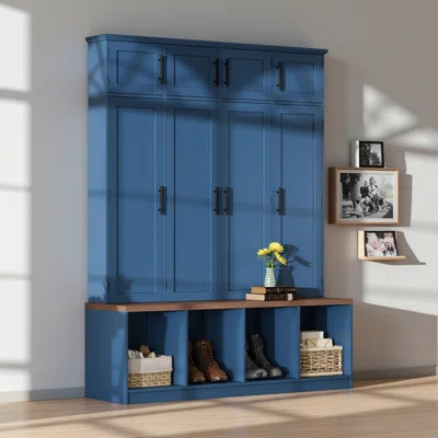 Farmhouse Hall Tree With 4 Hidden Hanging Hooks, Versatile Seating Bench With 8 Doors, Entryway Shoe Cabinet With Open Compartment For Living Room | Wayfair North America