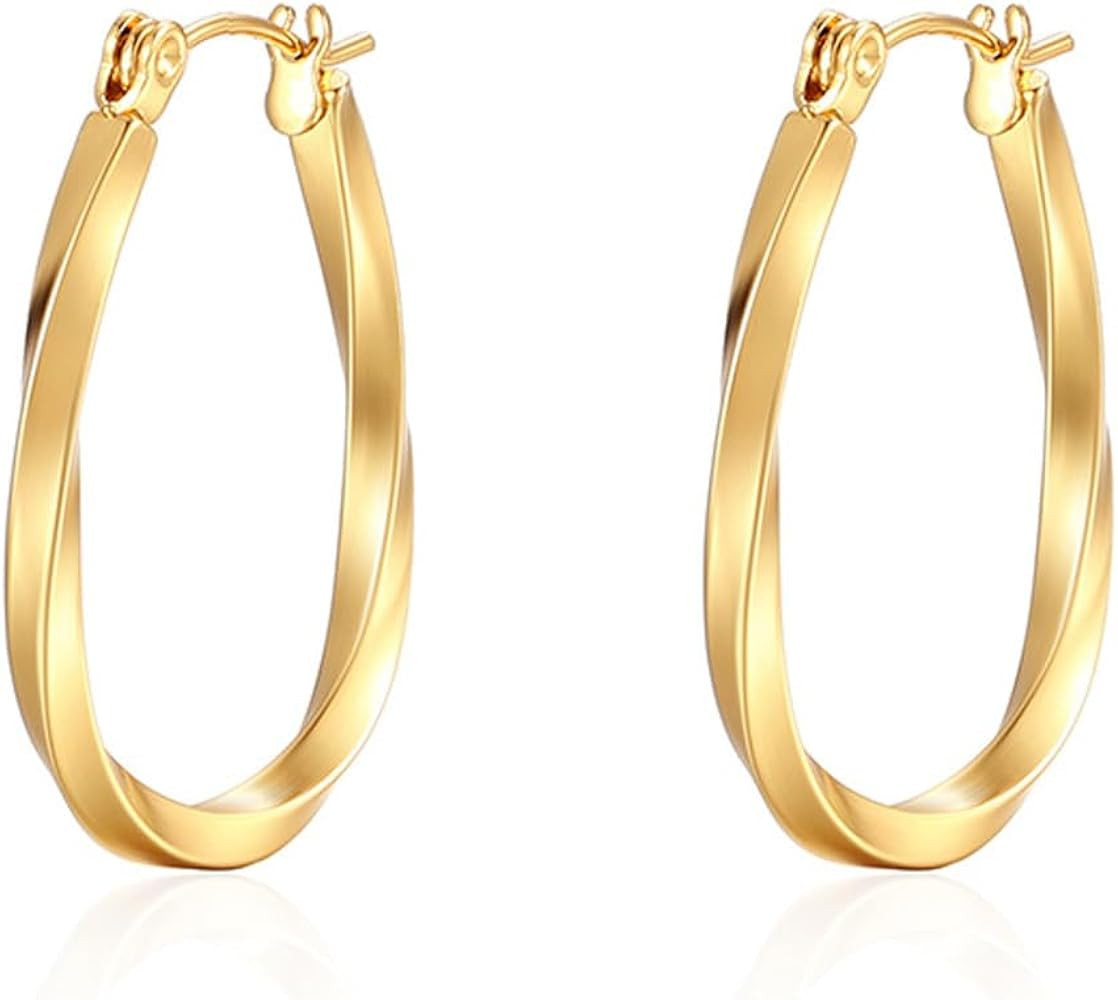 Gold Twisted Hoop Earrings Medium Oval Hoop Earrings Chunky Trendy Earrings Irregularity Hoop Ear... | Amazon (US)
