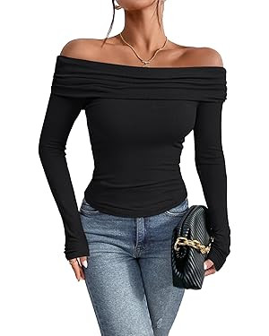 Prettywear Women's Sexy Off Shoulder Tops Dressy Long Sleeves Going Out Nightout Shirt 2025 Fall ... | Amazon (US)