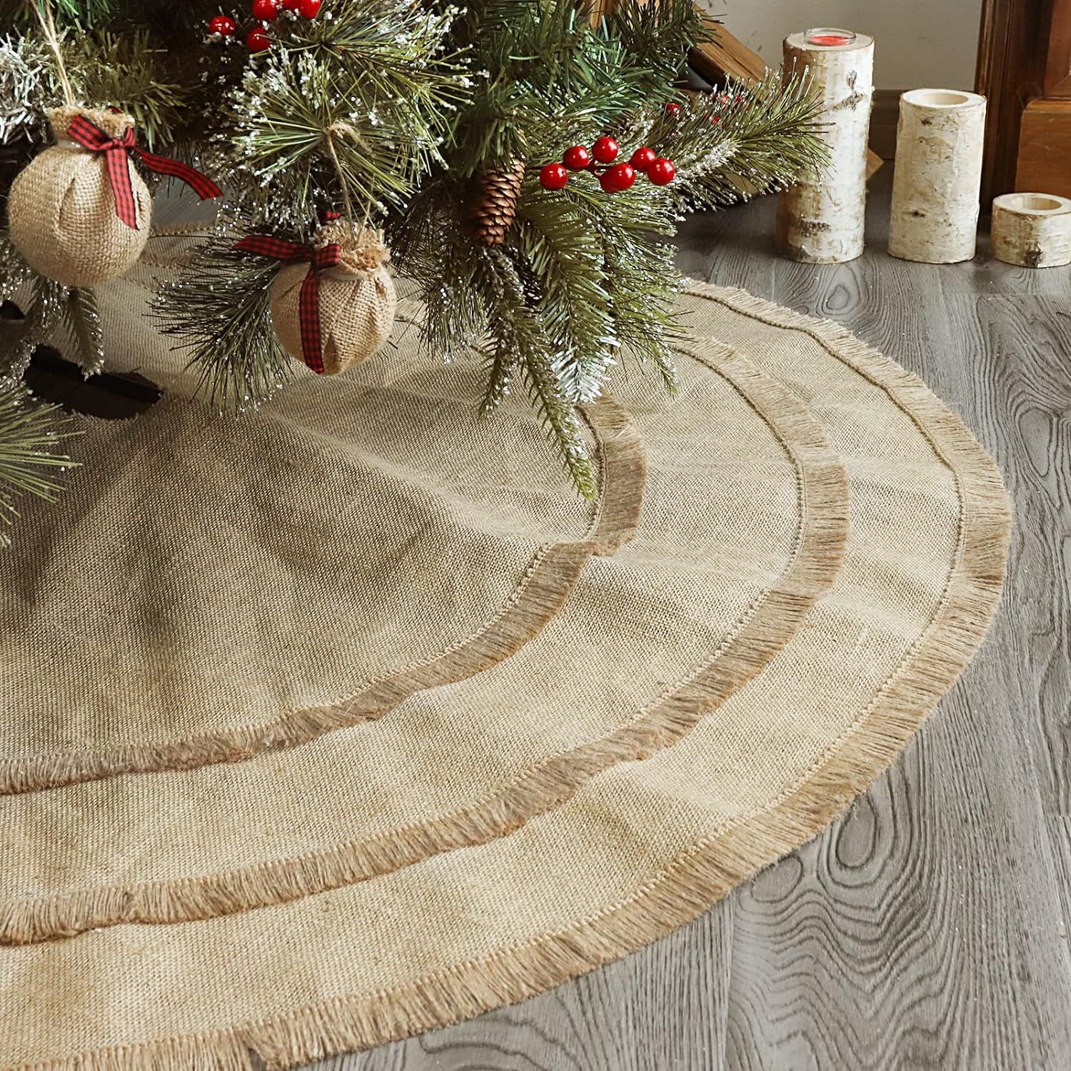 Ivenf Christmas Tree Skirt, 48 inches Natural Burlap Jute Plain with Tassels, Rustic Xmas Holiday... | Amazon (US)