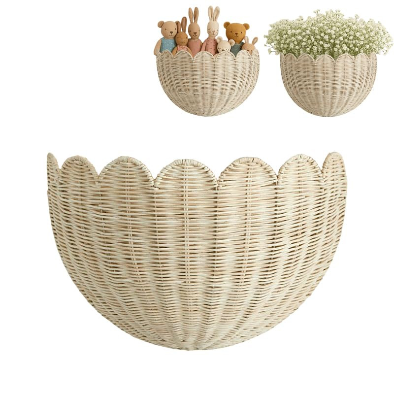 Scalloped Hanging Wicker Baskets for Wall, Scalloped Home Decor, Hanging Woven Rattan Wall Basket... | Amazon (US)