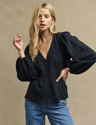 Cotton Blend Textured V-Neck Blouse | Marks & Spencer (UK)