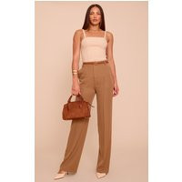 Tall Brown Tailored Thick Belted Waistband Detail Wide Leg Trousers, Brown | PrettyLittleThing UK