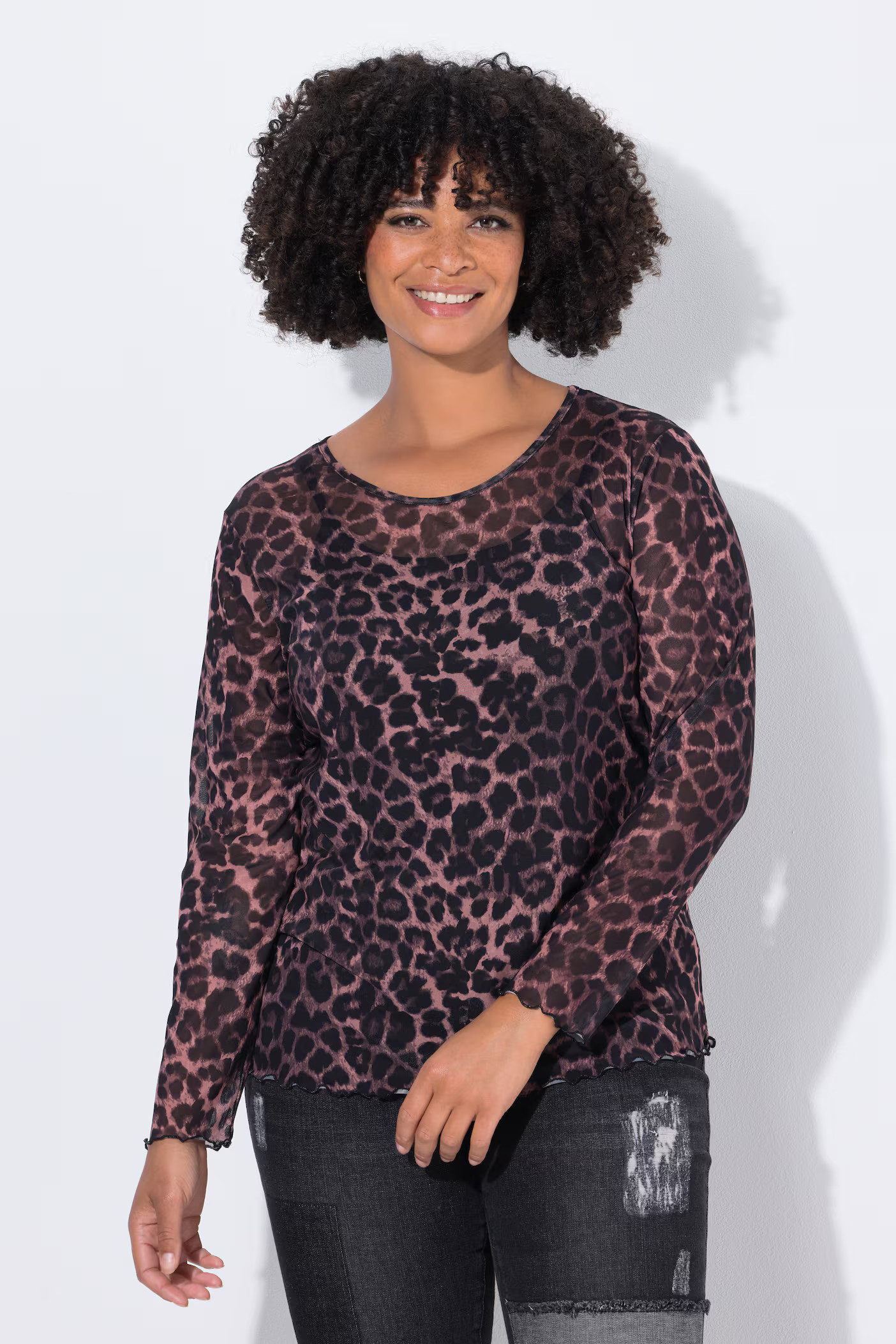 Long-sleeve slim fit wave pattern mesh shirt | Ulla Popken - US