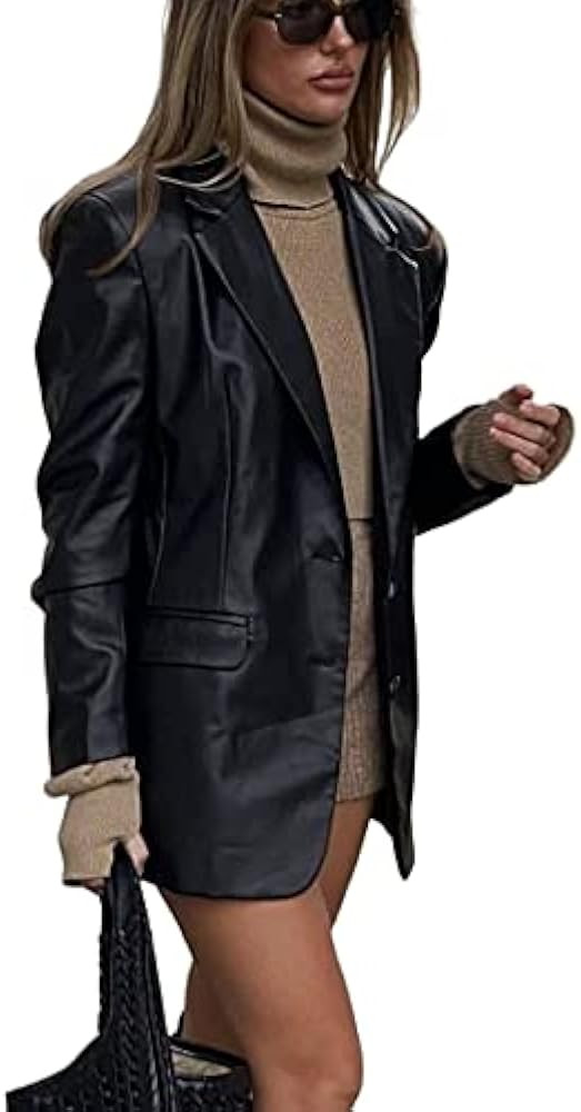 Womens Faux PU Leather Jacket Casual Lapel Blazer Suit Coat Leather Long Sleeve Button Front Oute... | Amazon (US)
