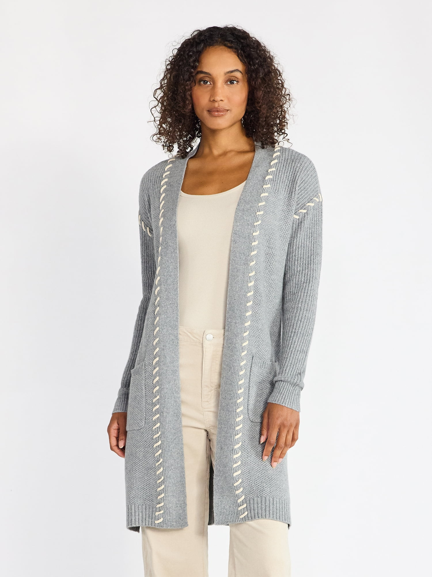 Time and Tru Women’s Longline Cardigan Sweater with Whipstitch Trim, Midweight, Sizes XS-XXXL | Walmart (US)