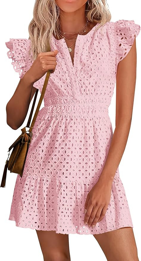 PRETTYGARDEN Women's 2026 Summer Sundresses Eyelet Cap Sleeve V Neck Short Boho Wedding Guest Dre... | Amazon (US)