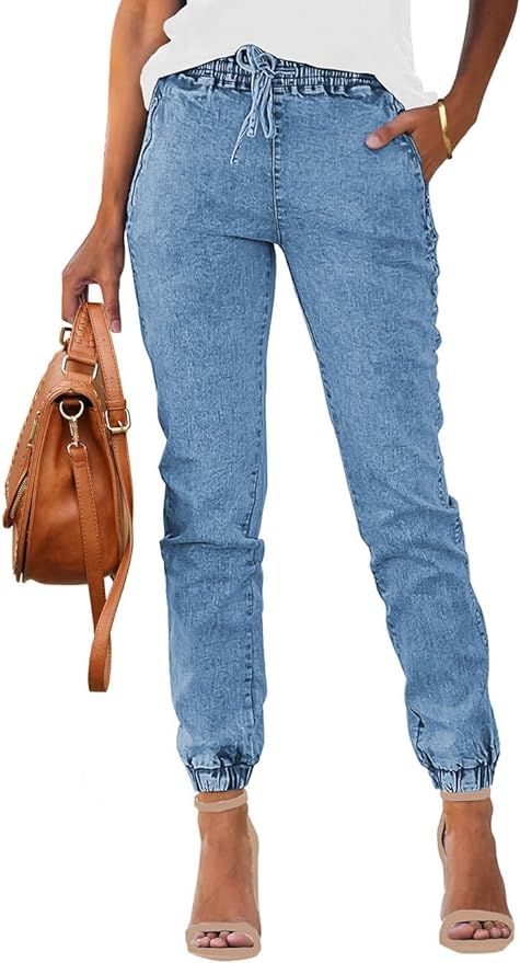 Vetinee Womens High Rise Jogger Denim Jeans Elastic Waist Drawstring Stretch Pants | Amazon (US)