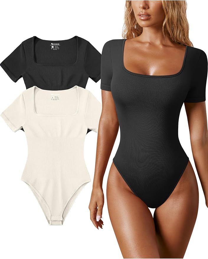 OQQ Women's 2 Piece Bodysuits Sexy Ribbed One Piece Square Neck Short Sleeve Bodysuits | Amazon (US)