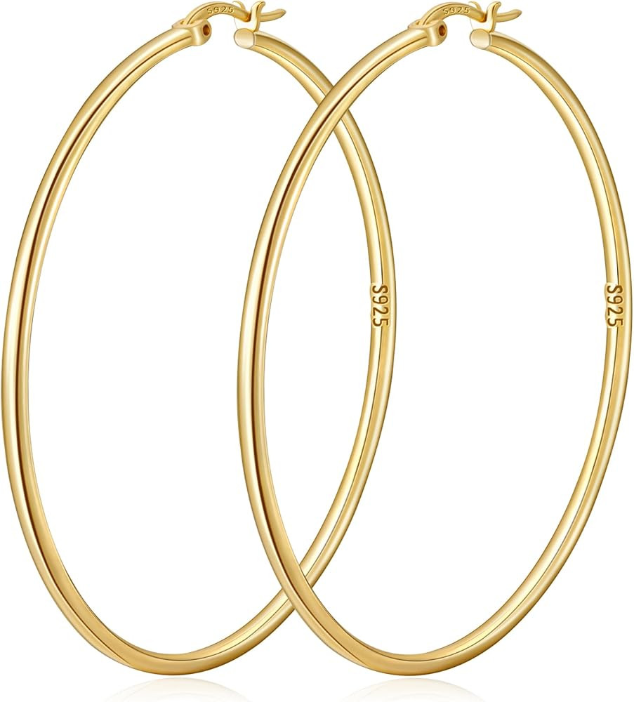 2mm Thin 14K Gold Plated Large S925 Sterling Silver Hoop Earrings for Women Hypoallergenic Big Ho... | Amazon (US)