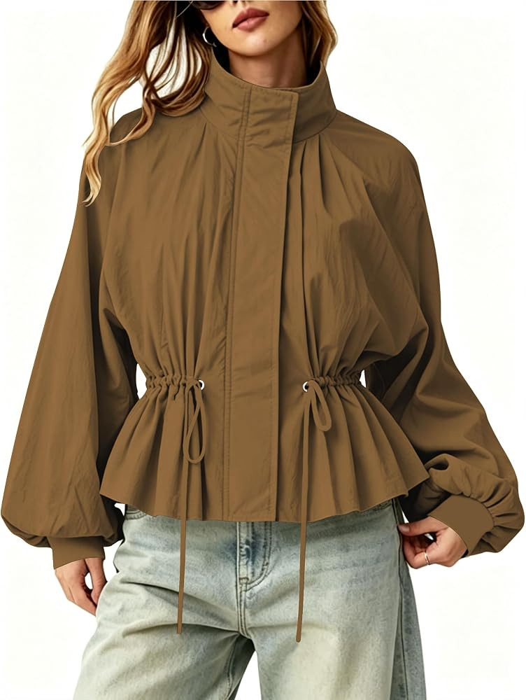Mingzhu Women's Drawstring Windbreaker Jacket Pleated Windproof | Amazon (US)