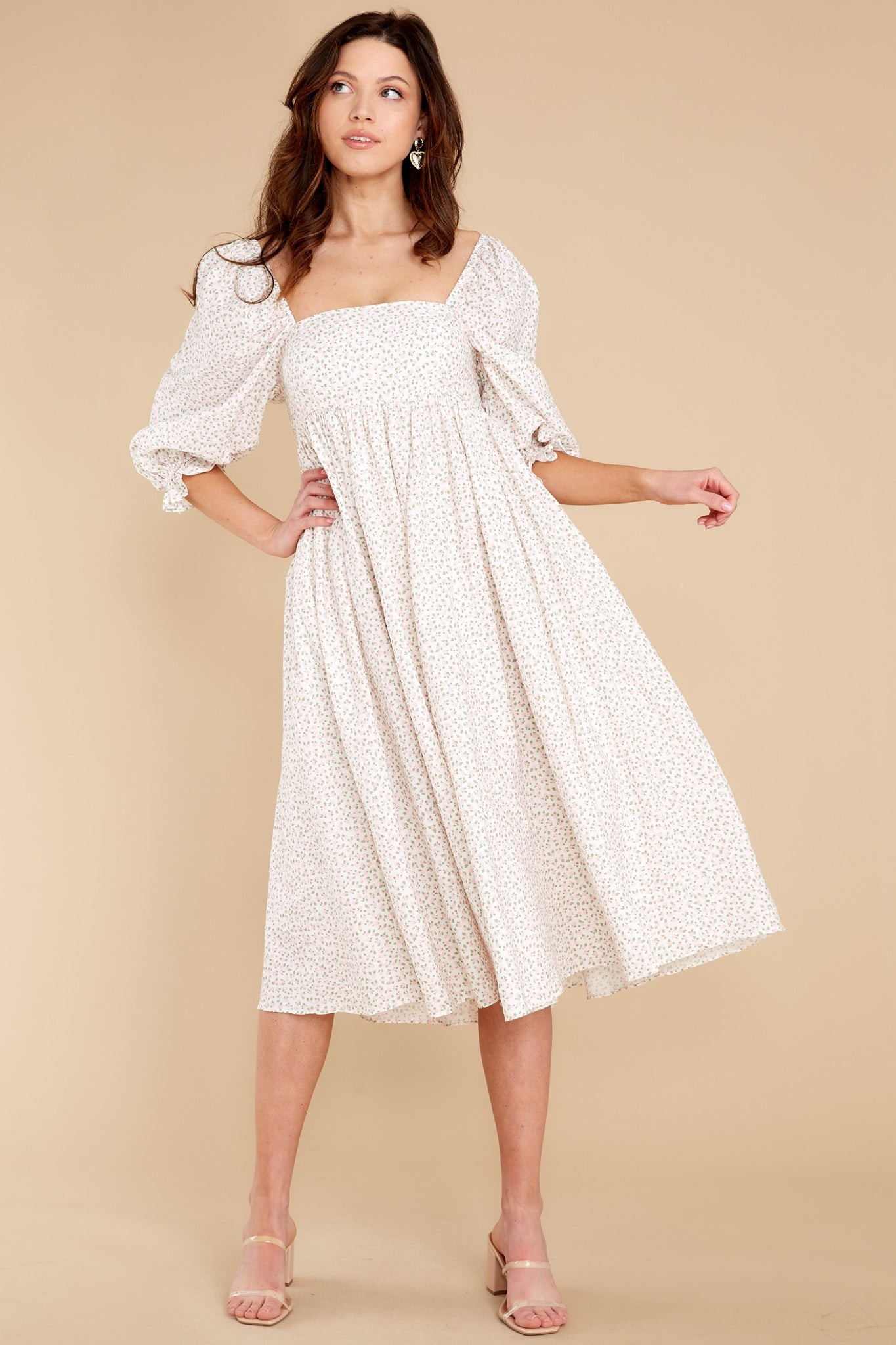 Enjoy The Scenery Ivory Floral Print Midi Dress | Red Dress 