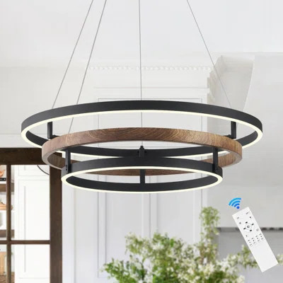 Modern LED Chandelier Black Wood Dimmable 3-Ring Chandeliers Light 24In Chandelier Light Fixture (Black) | Wayfair North America