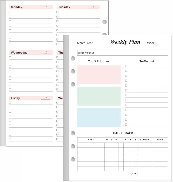 Weekly Planner Refills for A5 Binders - 53 Sheets/106 Pages Undated Colorful Weekly Planner, 6-Ho... | Amazon (US)