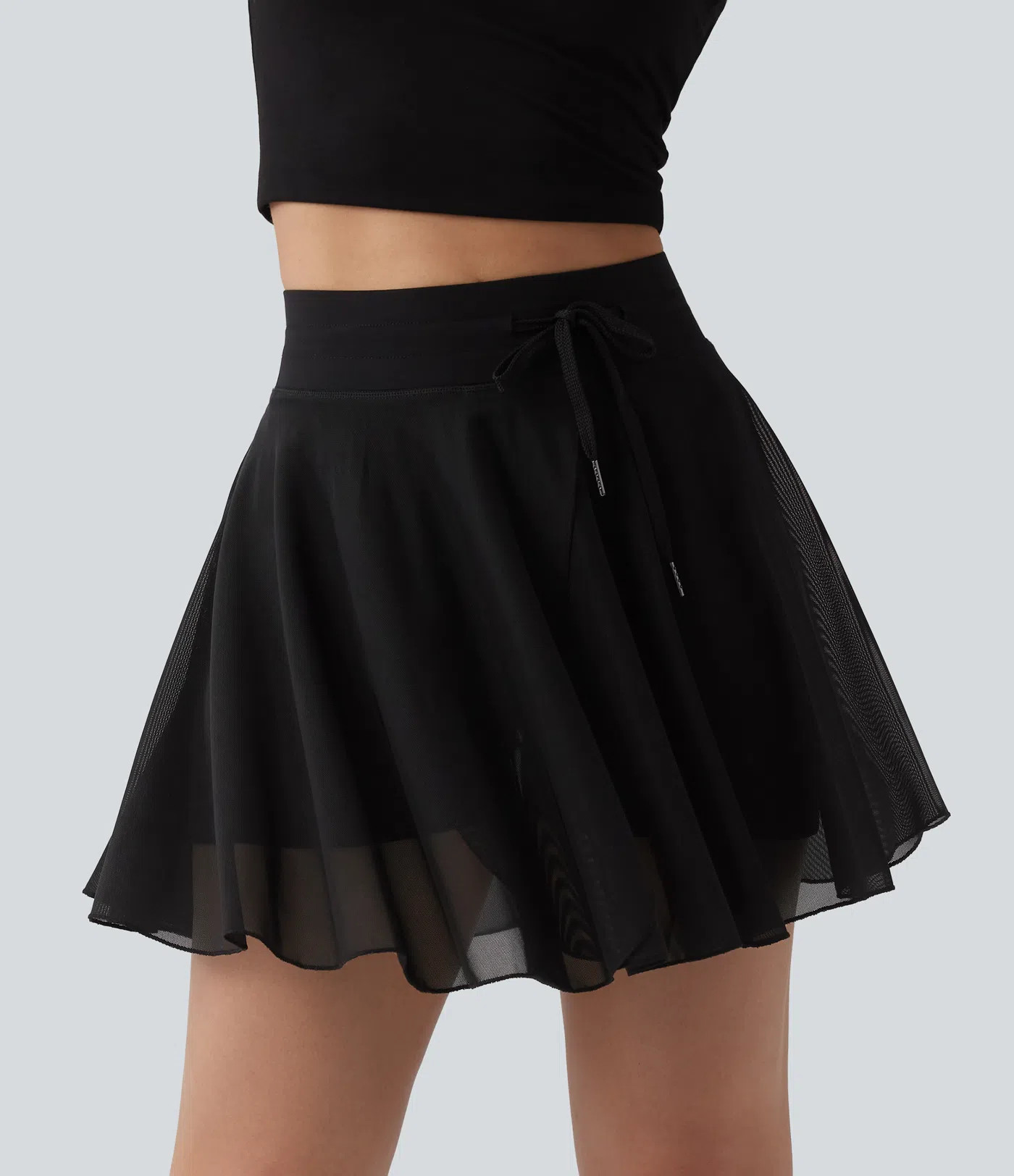 High Waisted Drawstring Contrast Mesh 2-in-1 Pocket Flowy Mini Flare Casual Skirt-Longer Length | HALARA