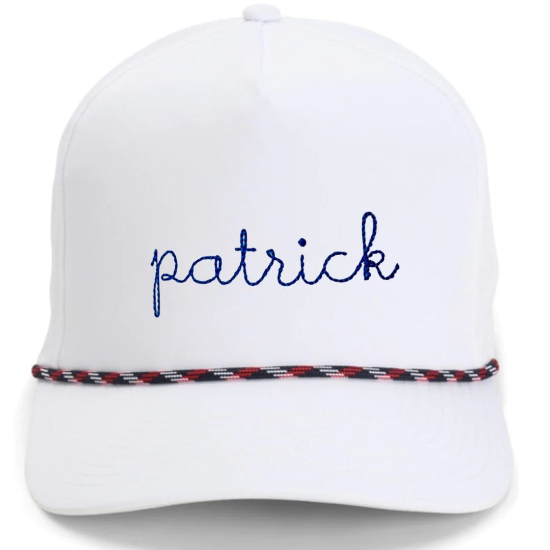 Junior Personalized Rope Hat - White with Navy/Red rope (floss stitch) | Lovely Little Things Boutique