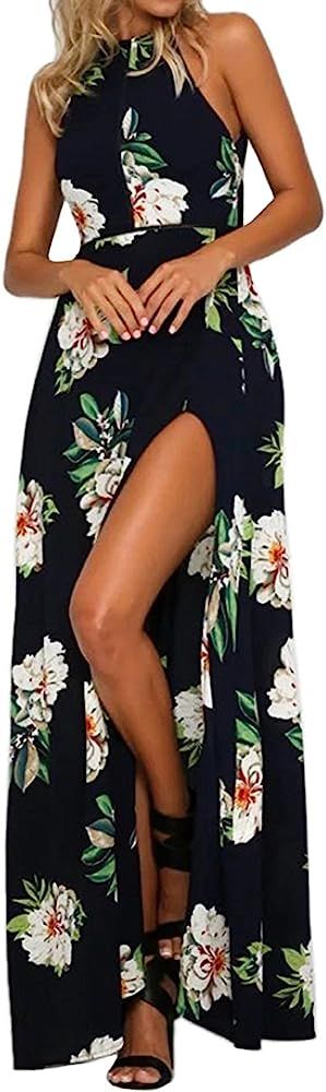 ZESICA Women's Halter Neck Floral Print Backless Split Beach Party Maxi Dress | Amazon (US)