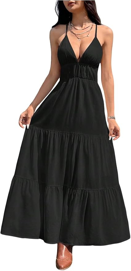 OYOANGLE Women's Backless Cami Maxi Dress V Neck Criss Cross Ruffle A Line Beach Vacation Tiered ... | Amazon (US)