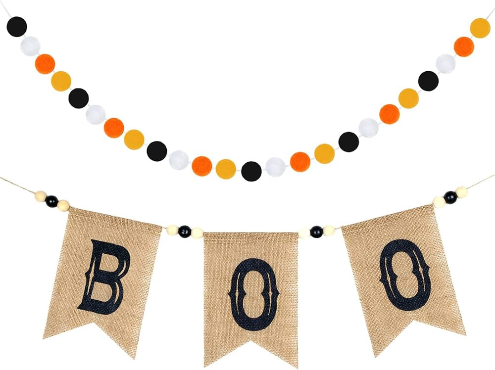 2 Pcs Pre Strung Happy Halloween Banners Rustic Burlap Boo Banners with Felt Ball Pom Pom Garland... | Amazon (US)