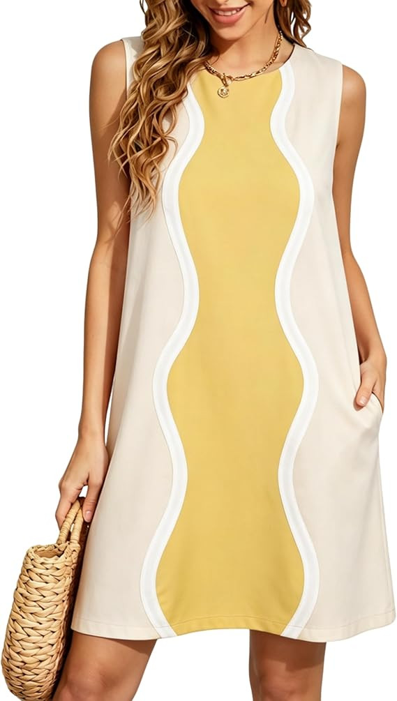 Womens Casual Crewneck Sleeveless Shift Summer Dress Color Block A line Mini Dress Lightweight Be... | Amazon (US)
