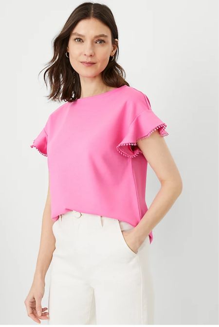 Pretty bold pink flutter sleeve top with boatneck. Pair it with the white twill cropped wide leg pants, off white flats and gold and white jewelry. 
Pants discount code: CINDYXSPANX

#LTKstyletip #LTKshoecrush #LTKworkwear