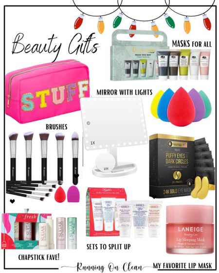 Beauty Gifts!! 

Zipper bag 
Variety pack face masks 
Mirror with lights 
Beauty sponges 
Makeup brushes
Under eye gels 
Chapstick set 
Lotions set 
Lip mask 

Affiliate Links 

#LTKHoliday #LTKbeauty #LTKGiftGuide