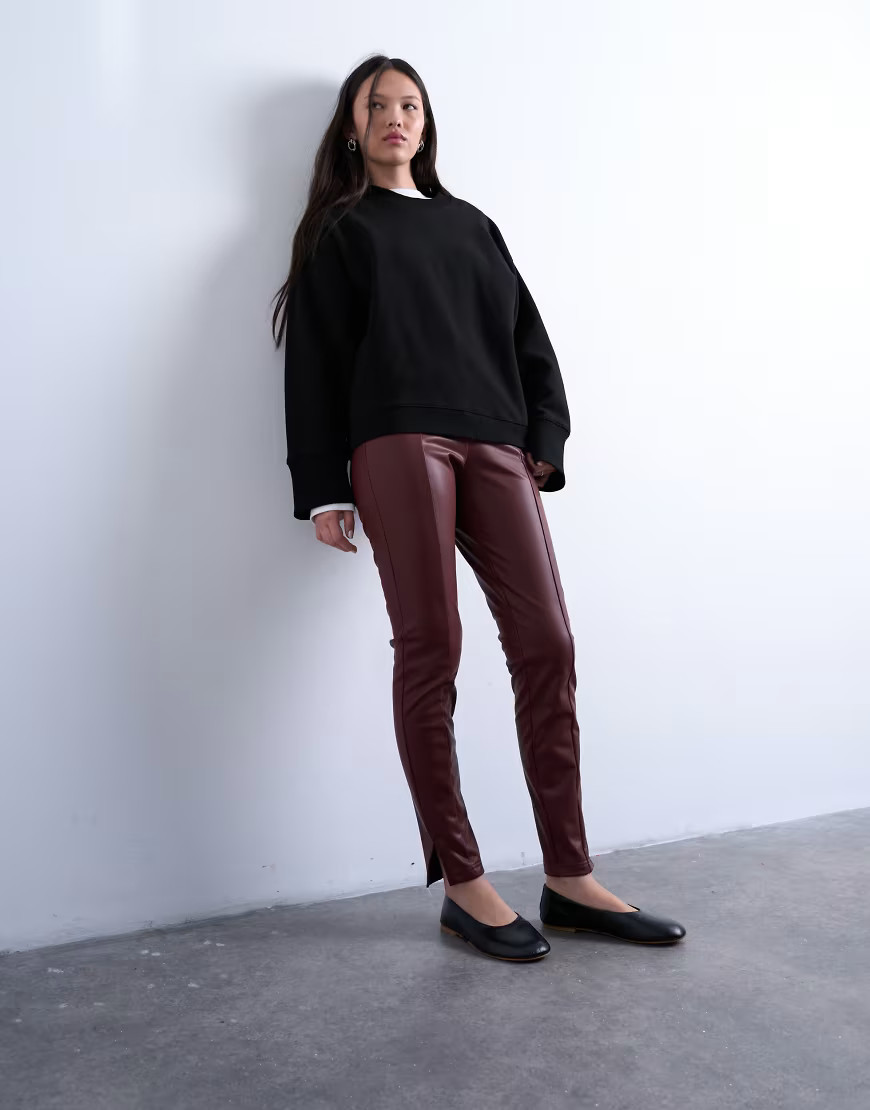 Topshop faux leather drainpipe skinny pants in burgundy-Red | ASOS (Global)