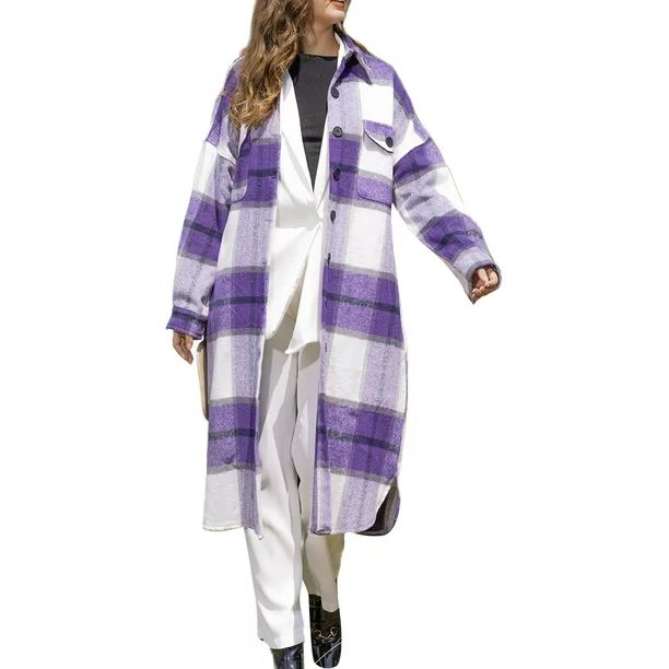 Women Pladi Long Jacket Coat with Pockets Long Sleeve Button Down Oversize Shacket Outwear - Walm... | Walmart (US)