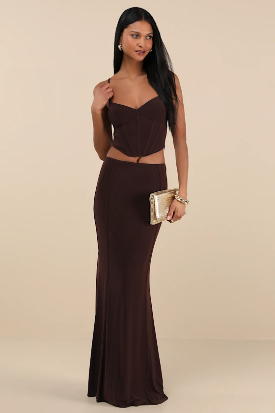 Skyela Dark Brown Bustier Two-Piece Maxi Dress | Lulus
