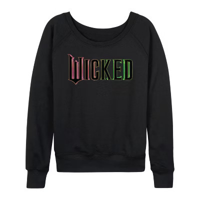 Women's Wicked Theatrical Movie Logo Lightweight French Terry Wide Neck Long Sleeve Graphic Shirt - Black - 1X | Target