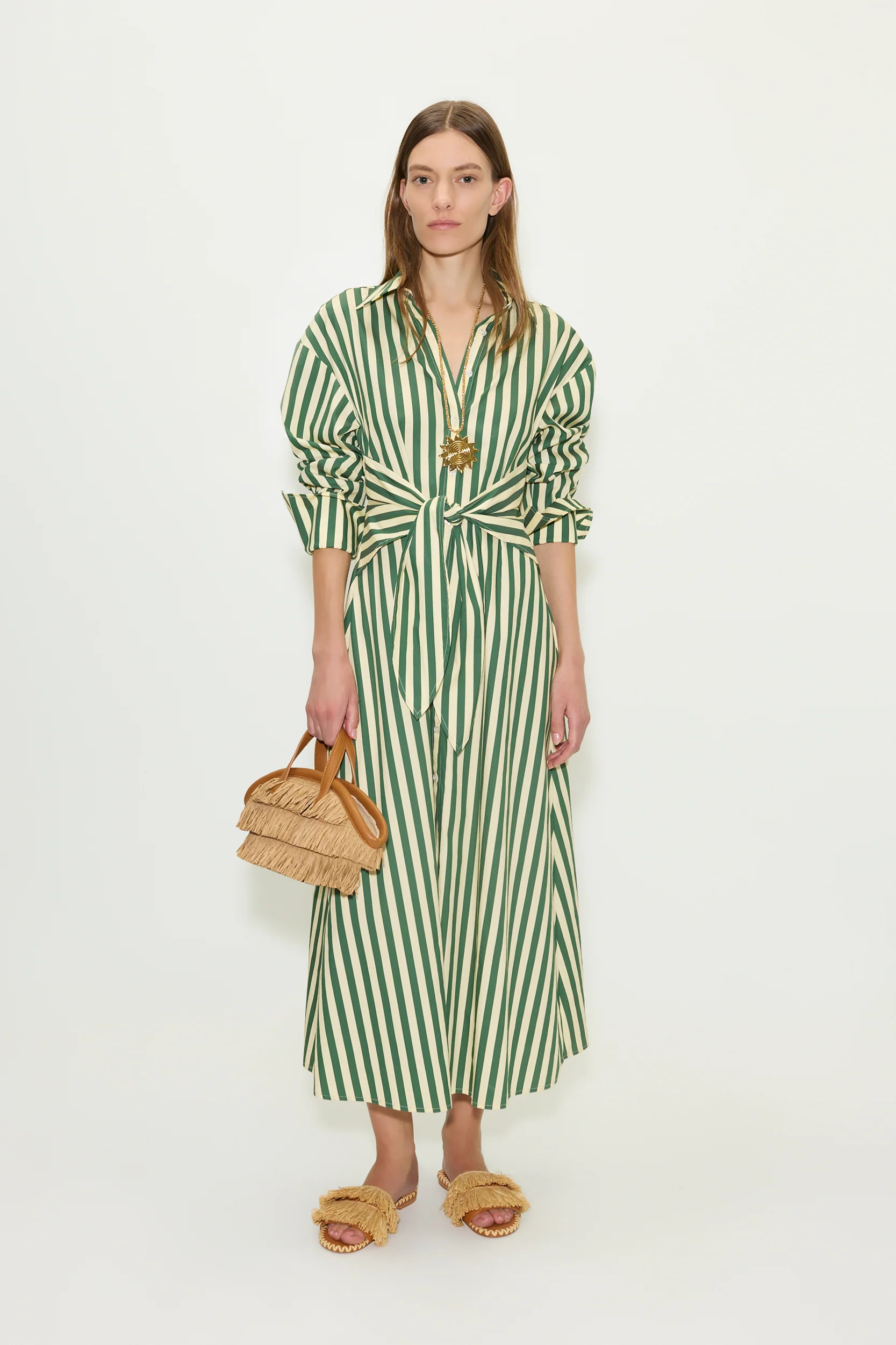 Loch Poplin Maxi Dress in Gummy Green/Ecru Stripe | SIMONMILLER | Simon Miller