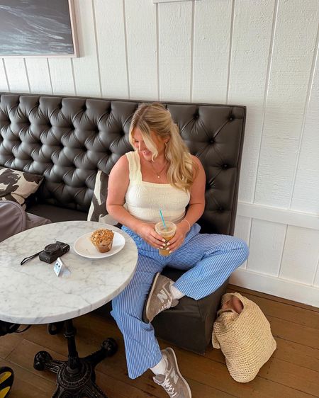 Coffee shop outfit! All from Amazon stripped pants and white tank top 

#LTKSeasonal #LTKfindsunder50