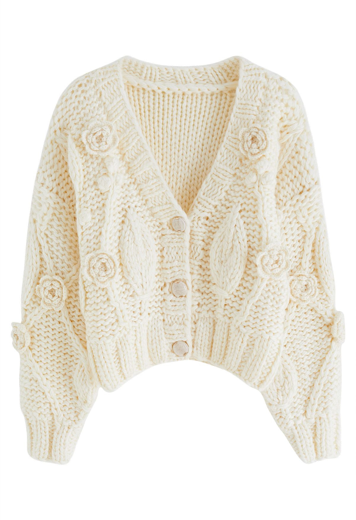 V-Neck Stitch Rose Buttoned Crop Cardigan | Chicwish