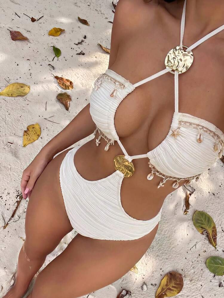 Bonvoyette Women's White One Piece Swimsuit,Beaded Chain Jacquard Textured Bathing Suit,Boho Summer Casual Holiday Beach Vacation Outfit,Pool Party Resort Wear | SHEIN