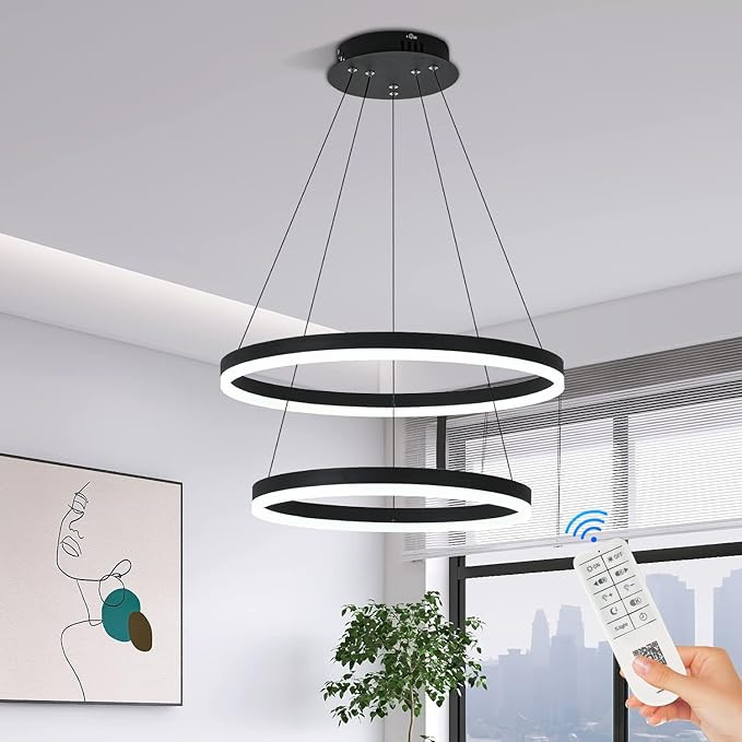 2-Rings Modern LED Chandelier Black for Dining Room, Dimmable Pendant Lighting with Remote Contro... | Amazon (US)