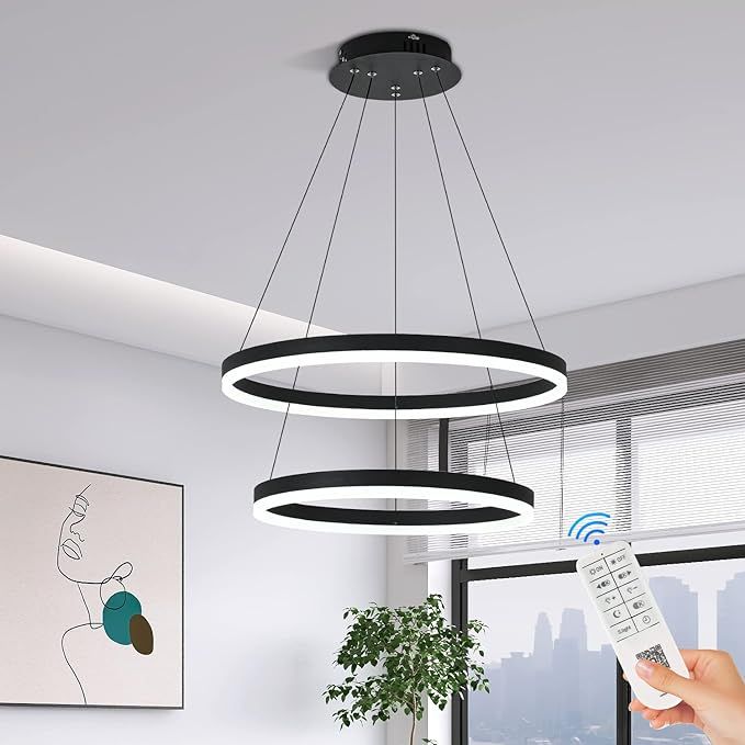 2-Rings Modern LED Chandelier Black for Dining Room, Dimmable Pendant Lighting with Remote Contro... | Amazon (US)