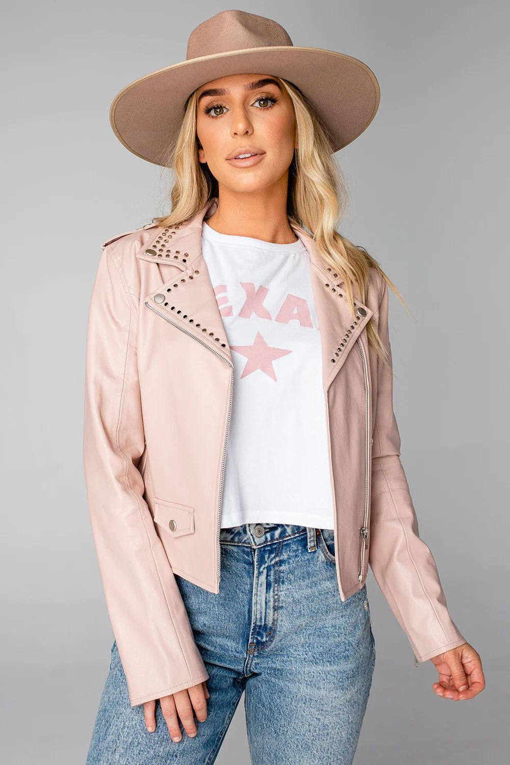 Trish Vegan Leather Studded Jacket - Blush | BuddyLove