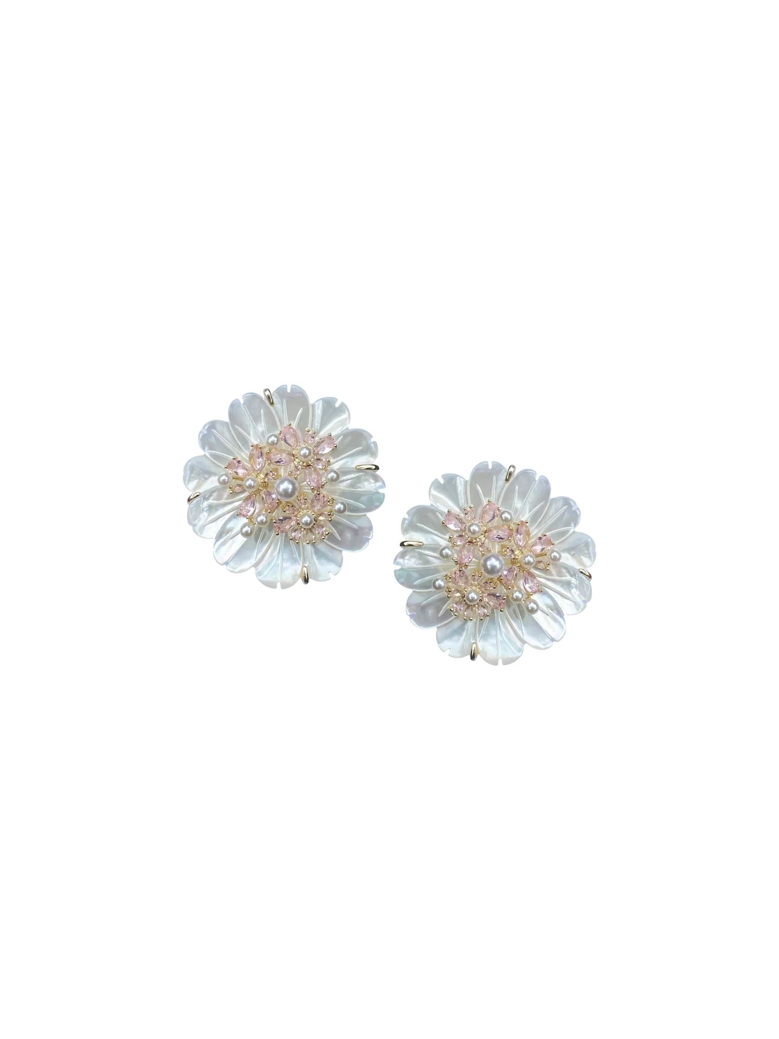 mother of pearl + rose quartz oversized studs | Nicola Bathie Jewelry