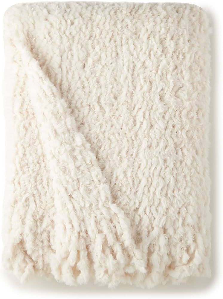 Crafted By Catherine Ivory Fringe Trim Knit Faux Rabbit Fur Throw 50" x 60" | Amazon (US)