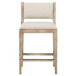 Fraye Coastal Beach Cream Upholstered Light Brown Wood Counter Stool | Kathy Kuo Home